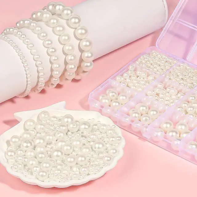 Alt view image 7 of 7 - 1228 Pieces Pearl Beads for Jewelry Making, 5 Sizes (4mm, 6mm, 8mm, 10mm, 14mm) Round Acrylic Imitation Pearls with Holes for Bracelets, Necklaces, Crafts, Vase Fillers