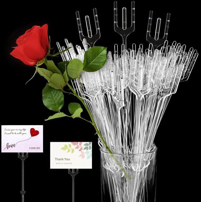 Main image of CCINEE 100pcs Plastic Floral Pick Card Holders Clear Fork Shaped Flower Place Card Holders Straight Head Clips for Wedding Bouquet Birthday Party Supply, 9 Inches