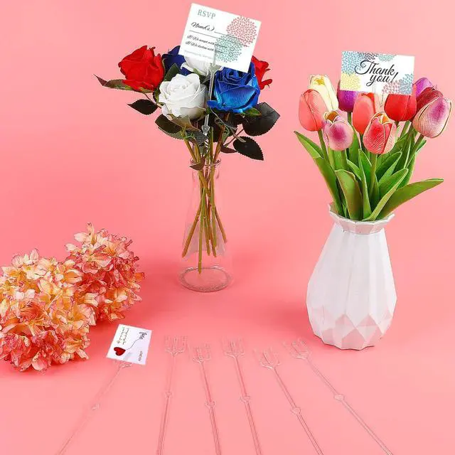 Alt view image 4 of 7 - CCINEE 100pcs Plastic Floral Pick Card Holders Clear Fork Shaped Flower Place Card Holders Straight Head Clips for Wedding Bouquet Birthday Party Supply, 9 Inches