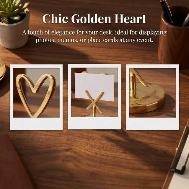 Alt view image 4 of 7 - Heart Shaped Metal Card Holder Golden Desktop Memo Holder for Office Home Party and Wedding Table Decor