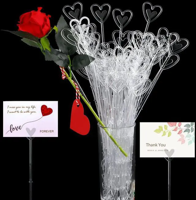 Main image of CCINEE 100pcs Plastic Floral Pick Card Holders Clear Heart Shaped Flower Place Card Holders Clips for Wedding Bouquet Birthday Party Supply, 9 Inches