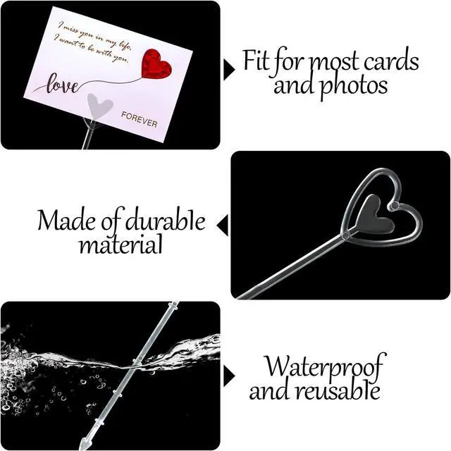 Alt view image 3 of 7 - CCINEE 100pcs Plastic Floral Pick Card Holders Clear Heart Shaped Flower Place Card Holders Clips for Wedding Bouquet Birthday Party Supply, 9 Inches