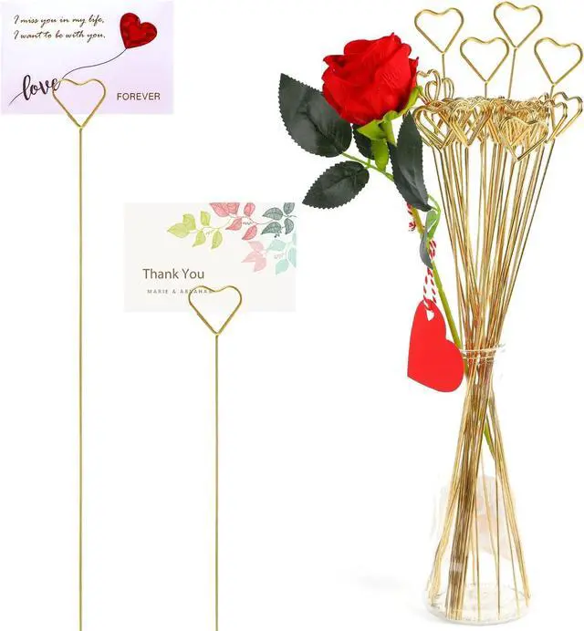 Main image of CCINEE 30Pcs Metal Wire Floral Place Card Holder Pick 13In Heart Golden Floral Picks Photo Memo Car Holder for Wedding Birthday Party Supply