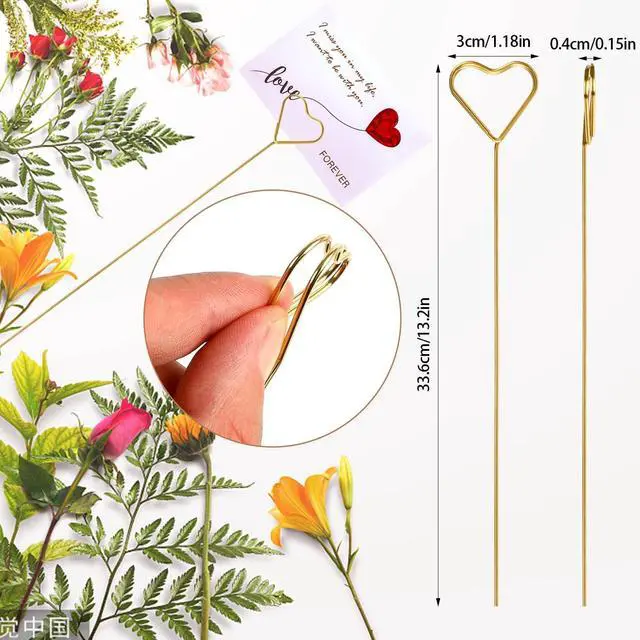 Alt view image 2 of 7 - CCINEE 30Pcs Metal Wire Floral Place Card Holder Pick 13In Heart Golden Floral Picks Photo Memo Car Holder for Wedding Birthday Party Supply