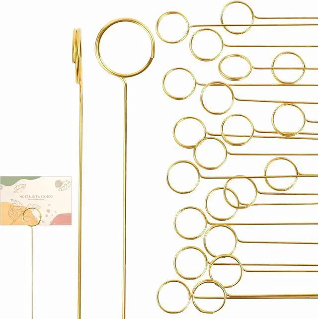 Main image of 40Pcs Floral Card Holder Picks, Floral Picks Picture Holders, Photo Memo Holder Pick Stick, Metal Floral Place Card HolderGold Round Photo Stick Clip, Gift Card Holder for Wedding and Party