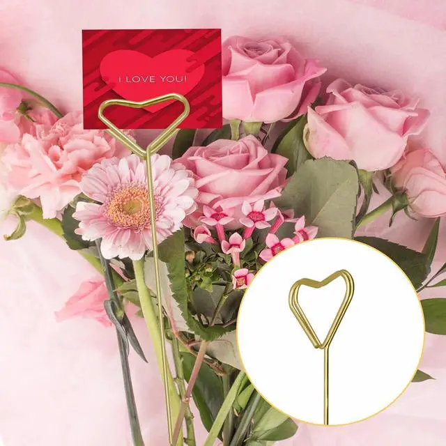 Alt view image 6 of 7 - Floral Pick Card Holder 20Pcs Picture Holders for Centerpieces,Gold Place Card Holder Stick Clip for Flower Arrangement Metal Wire Photo Holder,Heart Shape Floral Picks for Wedding Birthday Party