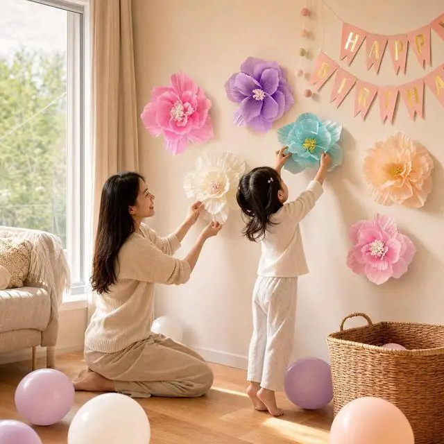 Alt view image 4 of 5 - ANSOMO Paper Flowers Pink Purple Ivory Light Blue Pastel Party Decorations