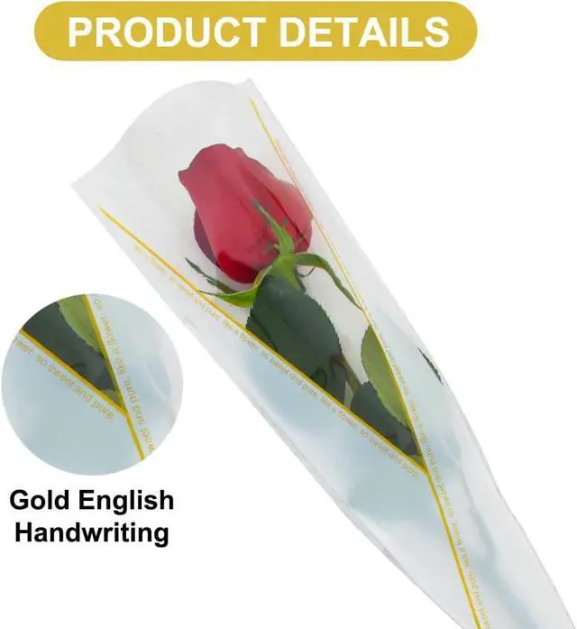 Alt view image 2 of 6 - BEISHIDA 100 PCS Single Rose Sleeve Plastic Single Flower Wrapping Rose Packaging Cellophane Flower Sleeves for Florist Bouquet Supplies Mother's Day Valentine's Day (White and Gold Letter)