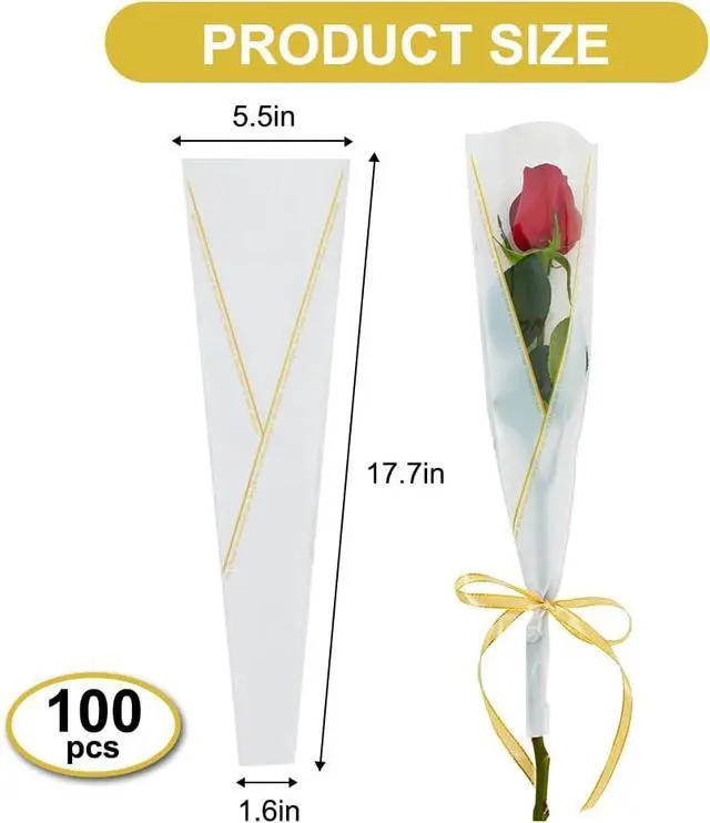 Alt view image 3 of 6 - BEISHIDA 100 PCS Single Rose Sleeve Plastic Single Flower Wrapping Rose Packaging Cellophane Flower Sleeves for Florist Bouquet Supplies Mother's Day Valentine's Day (White and Gold Letter)