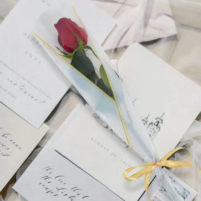 Alt view image 5 of 6 - BEISHIDA 100 PCS Single Rose Sleeve Plastic Single Flower Wrapping Rose Packaging Cellophane Flower Sleeves for Florist Bouquet Supplies Mother's Day Valentine's Day (White and Gold Letter)
