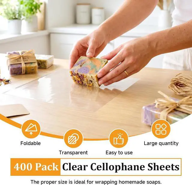 Alt view image 5 of 7 - Nufiwra Clear Cellophane Sheets 400 Pack, Cello Sheets for Homemade Soap, Candy, Fudge, Caramels, Mini Loaves, Royal Icing Transfers & DIY Crafts Decoration (7.87x7.87 Inches)