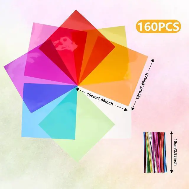 Alt view image 2 of 7 - Colorful Plastic Paper, 160 Pieces Colored Transparency Sheets 7.5x7.5 In Craft Plastic for Candy Cookies Packing DIY Crafts Decorations - Transparent Glass Wrap Paper Thin Acetate