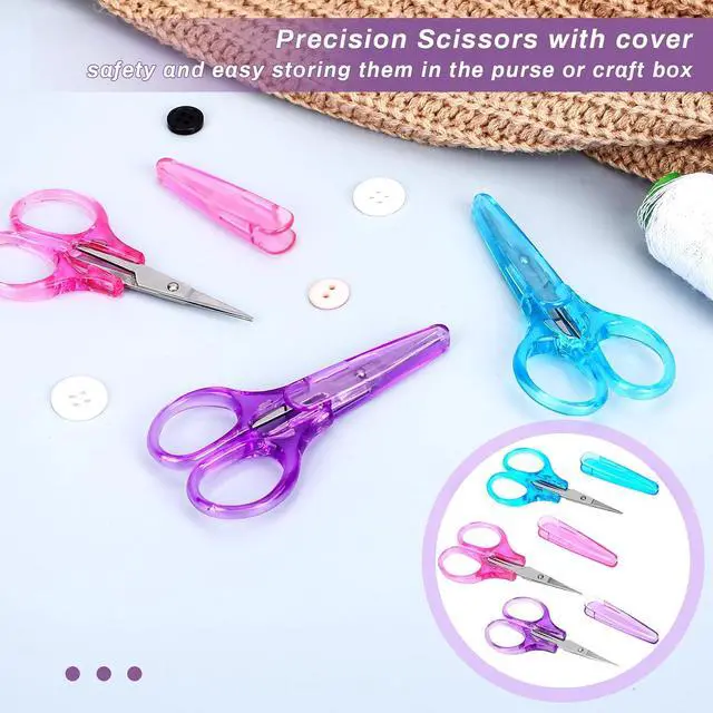 Alt view image 4 of 7 - 3Pcs Small Craft Scissors 3.4"Tiny Travel Scissor Mini Craft Scissors Set All Purpose Stainless Steel with Protective Cover Fine Tips Design for Paper Cutting Scrapbooking Crochet(Pink Purple Blue)