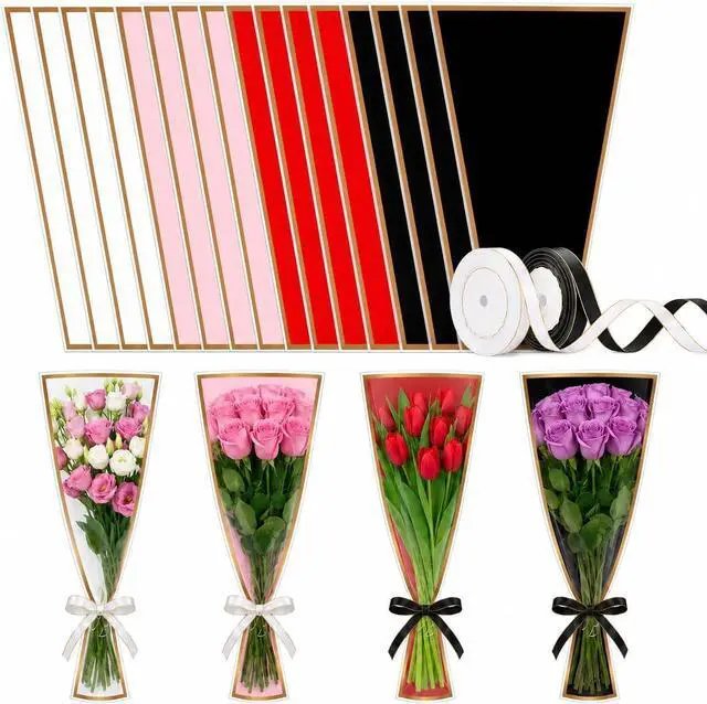 Main image of 20 PCS 4 Colors Flower Bags for Bouquets, 17.8 x 11.2 Inches Plastic Flower Sleeves Flower Bouquet Wrapping Paper, Clear Front Bouquet Bags Floral Wraps Gift Bag with Black & White Ribbons for Florist