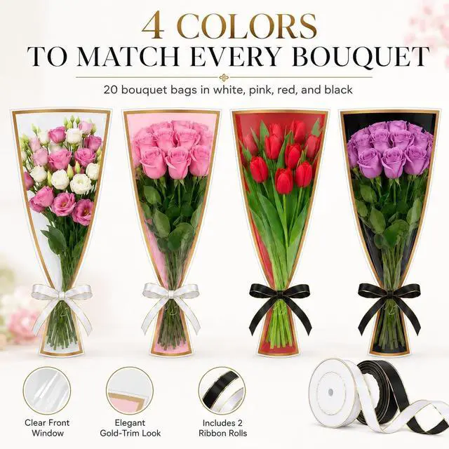 Alt view image 2 of 7 - 20 PCS 4 Colors Flower Bags for Bouquets, 17.8 x 11.2 Inches Plastic Flower Sleeves Flower Bouquet Wrapping Paper, Clear Front Bouquet Bags Floral Wraps Gift Bag with Black & White Ribbons for Florist