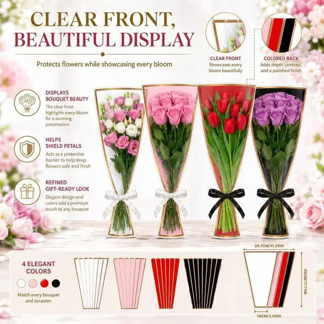 Alt view image 4 of 7 - 20 PCS 4 Colors Flower Bags for Bouquets, 17.8 x 11.2 Inches Plastic Flower Sleeves Flower Bouquet Wrapping Paper, Clear Front Bouquet Bags Floral Wraps Gift Bag with Black & White Ribbons for Florist