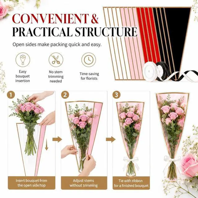 Alt view image 5 of 7 - 20 PCS 4 Colors Flower Bags for Bouquets, 17.8 x 11.2 Inches Plastic Flower Sleeves Flower Bouquet Wrapping Paper, Clear Front Bouquet Bags Floral Wraps Gift Bag with Black & White Ribbons for Florist