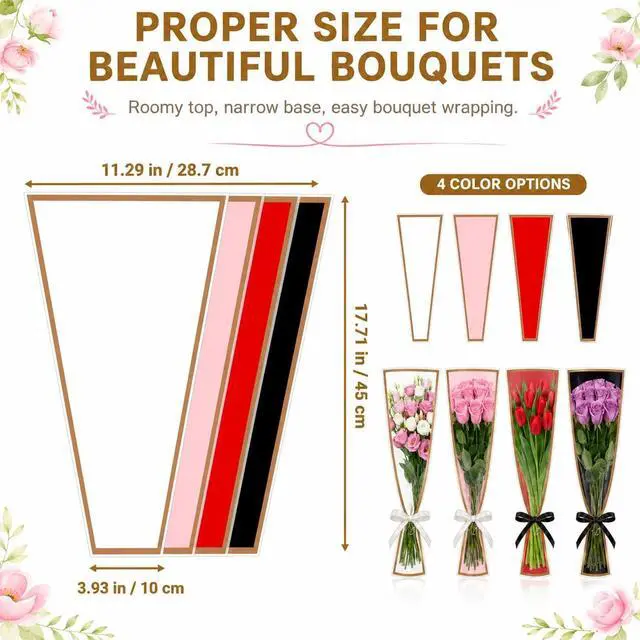 Alt view image 3 of 7 - 20 PCS 4 Colors Flower Bags for Bouquets, 17.8 x 11.2 Inches Plastic Flower Sleeves Flower Bouquet Wrapping Paper, Clear Front Bouquet Bags Floral Wraps Gift Bag with Black & White Ribbons for Florist