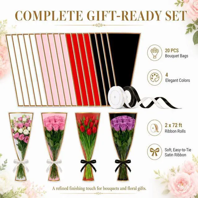 Alt view image 6 of 7 - 20 PCS 4 Colors Flower Bags for Bouquets, 17.8 x 11.2 Inches Plastic Flower Sleeves Flower Bouquet Wrapping Paper, Clear Front Bouquet Bags Floral Wraps Gift Bag with Black & White Ribbons for Florist
