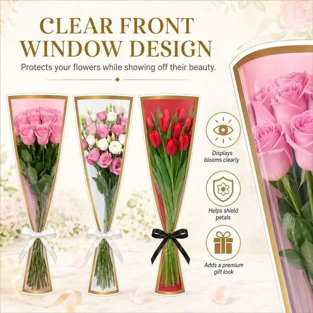 Alt view image 7 of 7 - 20 PCS 4 Colors Flower Bags for Bouquets, 17.8 x 11.2 Inches Plastic Flower Sleeves Flower Bouquet Wrapping Paper, Clear Front Bouquet Bags Floral Wraps Gift Bag with Black & White Ribbons for Florist