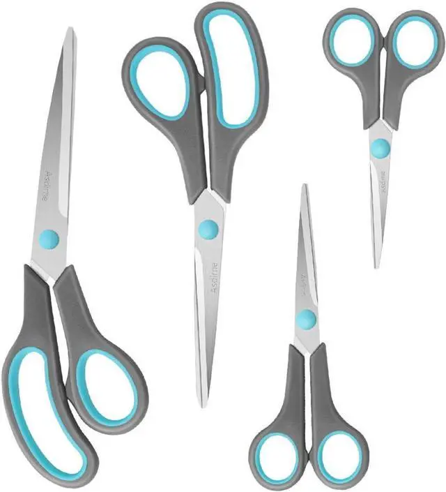 Main image of Asdirne Scissors Set of 4, Premium Stainless Steel Razor Blades, Ergonomic Semi-Soft Rubber Grip, Suitable for School, Office and Family Daily Use, 9.6''/8.5''/6.4"/5.4", Blue&Gray