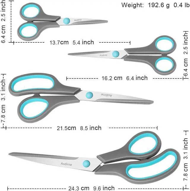 Alt view image 3 of 7 - Asdirne Scissors Set of 4, Premium Stainless Steel Razor Blades, Ergonomic Semi-Soft Rubber Grip, Suitable for School, Office and Family Daily Use, 9.6''/8.5''/6.4"/5.4", Blue&Gray