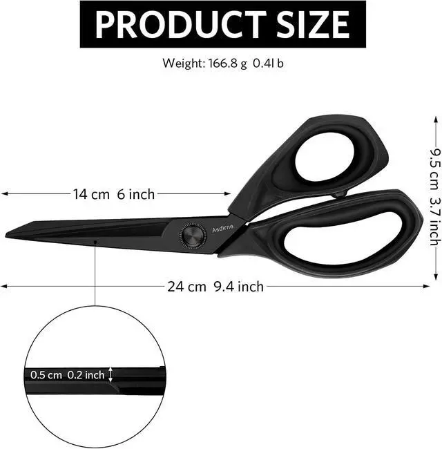 Alt view image 4 of 7 - Asdirne Black Titanium Fabric Scissors, Dressmaking Scissors with Heavy Duty Multi-Purpose Titanium Coated Blades and Comfortable Soft Grip Handles, Black, 25CM