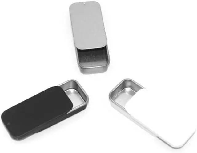 Alt view image 3 of 7 - 3 PCS Mini Metal Tin Box Containers, Slide Top, Rectangular, 3.15 x 1.34 x 0.4 Inch, Silver, Black, White, Modern Style, Storage Box