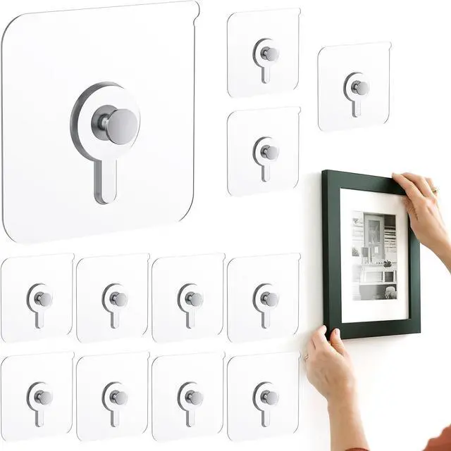 Main image of 12 Pcs Picture Hangers without Nails, 20 Ibs Load Heavy Duty Self Picture Hanging Hooks for Hanging, Waterproof Adhesive Picture Hooks for Bathroom Kitchen, Transparent Sticky Hooks for Frames
