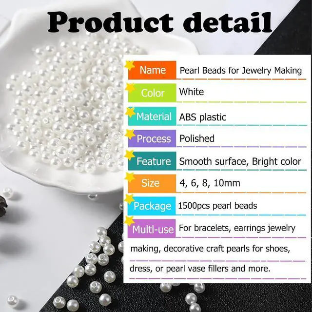 Alt view image 3 of 7 - 1500pcs Pearl Beads for Jewelry Making, 4mm 6mm 8mm 10mm Round Loose Pearls Beads with Hole, Bracelet Pearls for Crafts, White Pearls for Jewelry Making