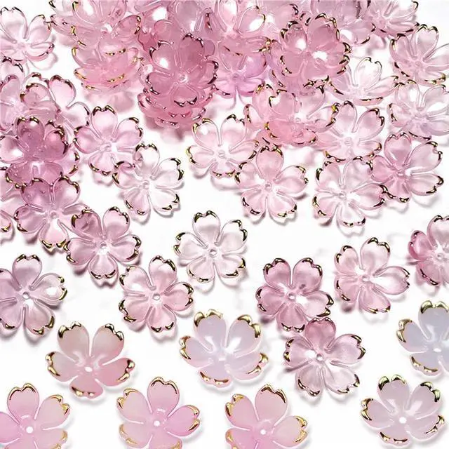 Main image of 50Pcs Cherry Blossom Acrylic Flower Beads, Mini Floral Spacer Beads for Jewelry Making 5-Petal Gradient Flower Bead Gold-Plated Flowers Bead Charms for Bracelets (Pale Pink Gradient)
