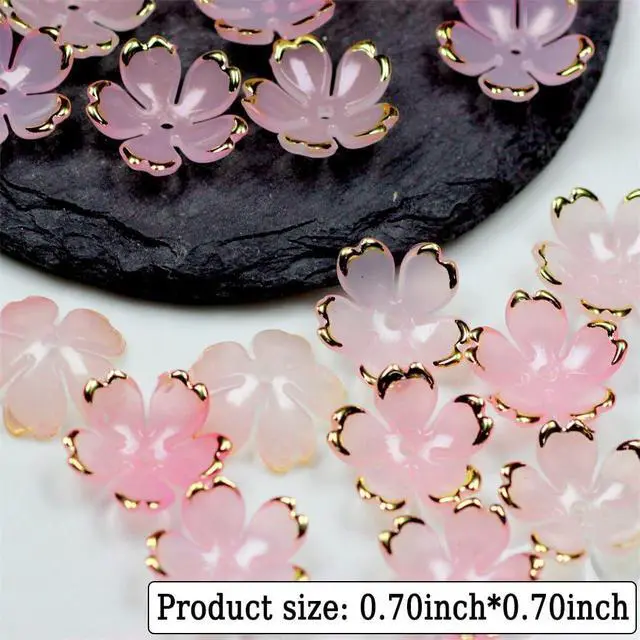 Alt view image 2 of 7 - 50Pcs Cherry Blossom Acrylic Flower Beads, Mini Floral Spacer Beads for Jewelry Making 5-Petal Gradient Flower Bead Gold-Plated Flowers Bead Charms for Bracelets (Pale Pink Gradient)