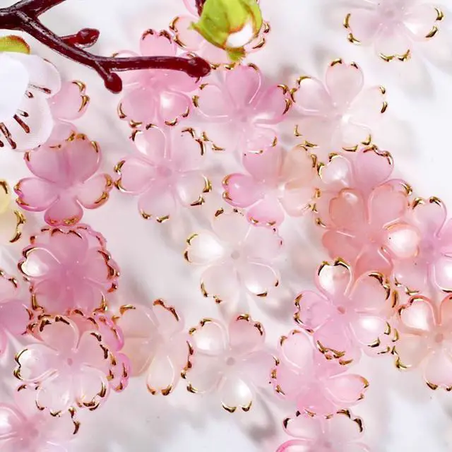 Alt view image 3 of 7 - 50Pcs Cherry Blossom Acrylic Flower Beads, Mini Floral Spacer Beads for Jewelry Making 5-Petal Gradient Flower Bead Gold-Plated Flowers Bead Charms for Bracelets (Pale Pink Gradient)