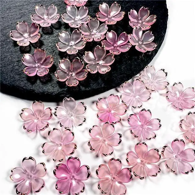 Alt view image 4 of 7 - 50Pcs Cherry Blossom Acrylic Flower Beads, Mini Floral Spacer Beads for Jewelry Making 5-Petal Gradient Flower Bead Gold-Plated Flowers Bead Charms for Bracelets (Pale Pink Gradient)