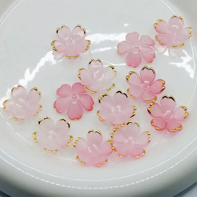 Alt view image 5 of 7 - 50Pcs Cherry Blossom Acrylic Flower Beads, Mini Floral Spacer Beads for Jewelry Making 5-Petal Gradient Flower Bead Gold-Plated Flowers Bead Charms for Bracelets (Pale Pink Gradient)