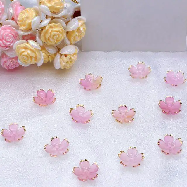 Alt view image 6 of 7 - 50Pcs Cherry Blossom Acrylic Flower Beads, Mini Floral Spacer Beads for Jewelry Making 5-Petal Gradient Flower Bead Gold-Plated Flowers Bead Charms for Bracelets (Pale Pink Gradient)