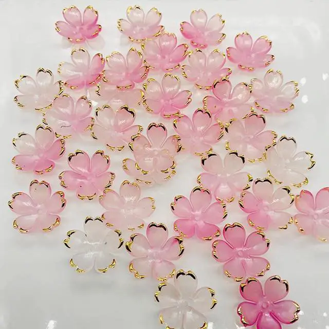 Alt view image 7 of 7 - 50Pcs Cherry Blossom Acrylic Flower Beads, Mini Floral Spacer Beads for Jewelry Making 5-Petal Gradient Flower Bead Gold-Plated Flowers Bead Charms for Bracelets (Pale Pink Gradient)