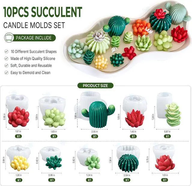 Alt view image 2 of 7 - 10 Pack Succulent Silicone Mold, 3D Cactus Candle Molds for Candle Making