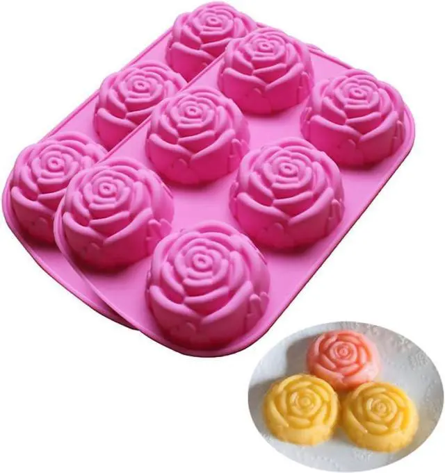 Main image of BAKER DEPOT Silicone Mold for Handmade Soap Cake Jelly Pudding Chocolate 6 Cavity Rose Flower Design, Set of 2 Pink