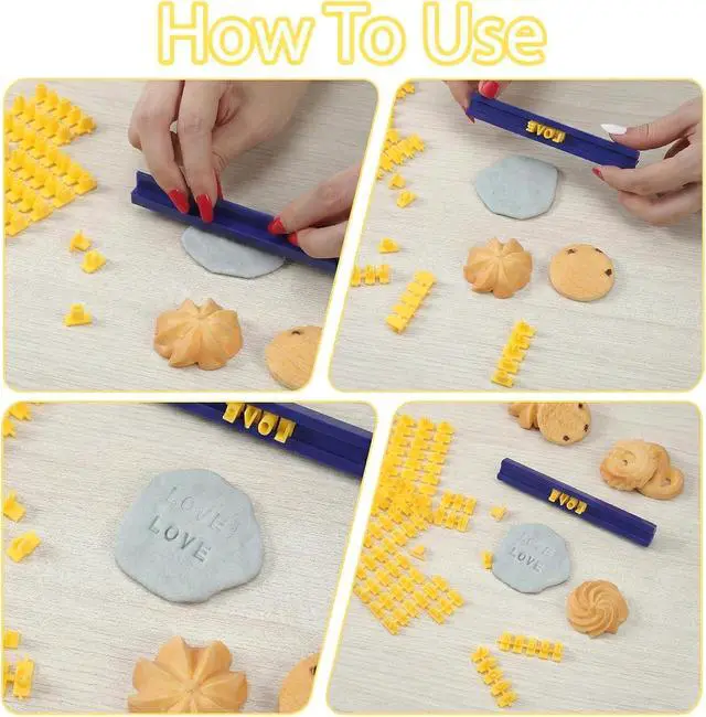 Alt view image 4 of 7 - Andibro 144 Pcs Clay Alphabet Stamps for Polymer Clays, Letter Press Kit for Pottery & Cookie Making, Plastic Embosser Cutter Stamp Set (Yellow+Blue)