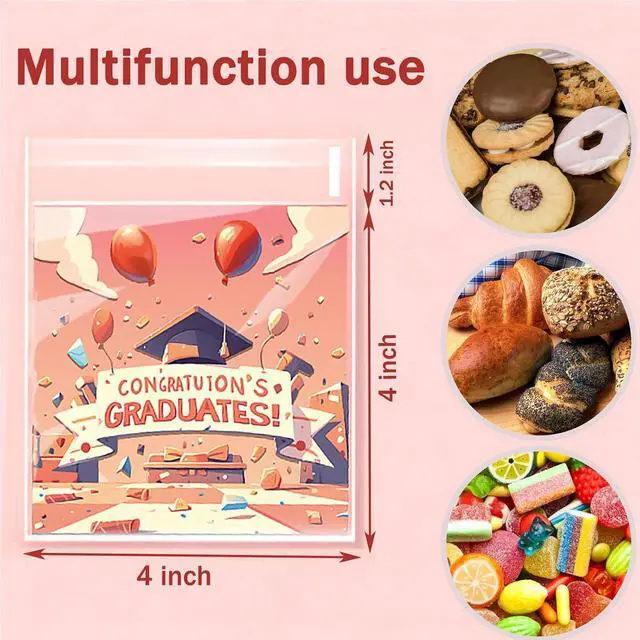 Alt view image 2 of 7 - 200PCS Graduation Self Adhesive Cookie Bags, Cookie Bakery Decorating favor bags, 4x4 inch DIY Plastic Individual Biscuit Candy Bags
