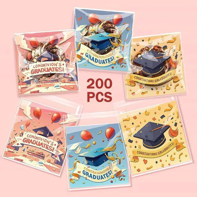 Alt view image 4 of 7 - 200PCS Graduation Self Adhesive Cookie Bags, Cookie Bakery Decorating favor bags, 4x4 inch DIY Plastic Individual Biscuit Candy Bags