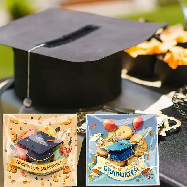 Alt view image 6 of 7 - 200PCS Graduation Self Adhesive Cookie Bags, Cookie Bakery Decorating favor bags, 4x4 inch DIY Plastic Individual Biscuit Candy Bags
