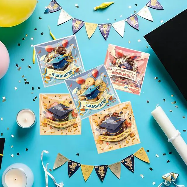 Alt view image 5 of 7 - 200PCS Graduation Self Adhesive Cookie Bags, Cookie Bakery Decorating favor bags, 4x4 inch DIY Plastic Individual Biscuit Candy Bags