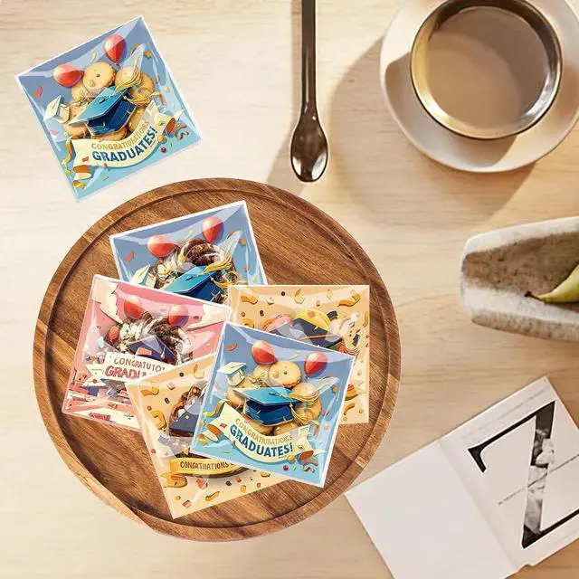 Alt view image 7 of 7 - 200PCS Graduation Self Adhesive Cookie Bags, Cookie Bakery Decorating favor bags, 4x4 inch DIY Plastic Individual Biscuit Candy Bags