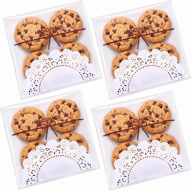 Main image of INFLORAL 200Pcs 5.5x5.5In Clear Cookie Bags Lace Bowknot Self-Seal Wrappers