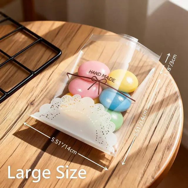 Alt view image 2 of 7 - INFLORAL 200Pcs 5.5x5.5In Clear Cookie Bags Lace Bowknot Self-Seal Wrappers