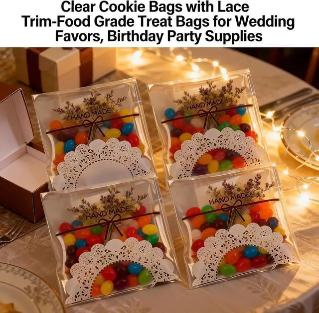Alt view image 5 of 7 - INFLORAL 200Pcs 5.5x5.5In Clear Cookie Bags Lace Bowknot Self-Seal Wrappers