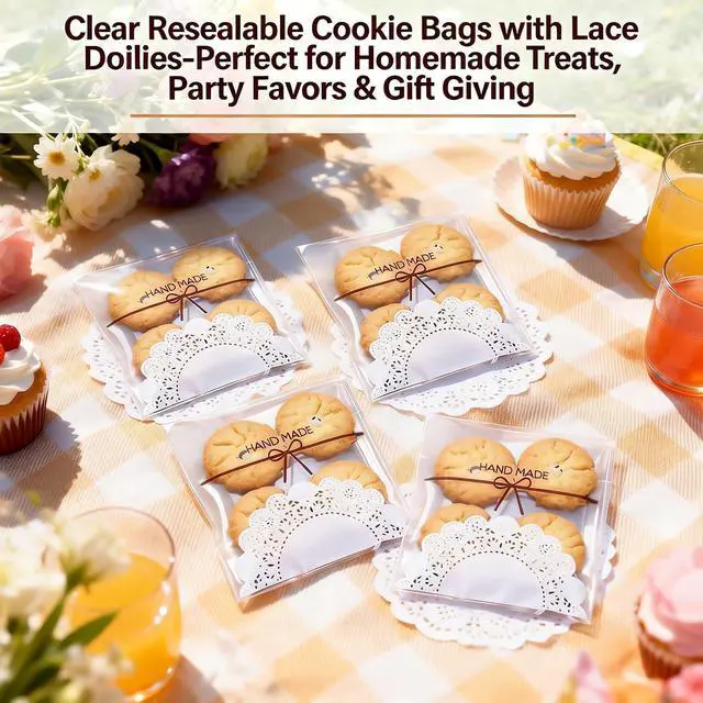 Alt view image 6 of 7 - INFLORAL 200Pcs 5.5x5.5In Clear Cookie Bags Lace Bowknot Self-Seal Wrappers