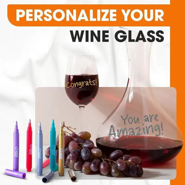 Alt view image 2 of 7 - Cheer Collection Metallic Wine Glass Markers, Dry Erase Markers, Washable Wine Glass Marker Pens, Quick Dry Markers for Glasses, Ceramics, & Mirrors, Great for Weddings, Banquets & Parties, Set of 5